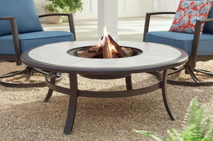Hampton Bay Whitfield 48 in. Round Galvanized Steel Wood Burning Fire Pit Table in Dark Brown with Stone Look Tile Top