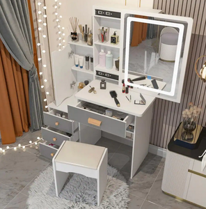 4-Drawers White Wood Makeup Vanity Sets Dressing Table Sets with Stool, Mirror, LED Light, Door and Storage Shelves