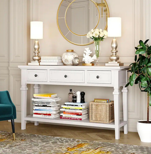 Harper and Bright Designs Classic Retro Style 50 in. Antique White Rectangle Pine Console Table with 3 Top Drawers and Open Style Bottom Shelf