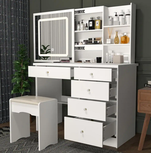 5-Drawers White Wood LED Push-Pull Mirror Makeup Vanity Sets Dressing Table Sets with Stool and 3-Tier Storage Shelves