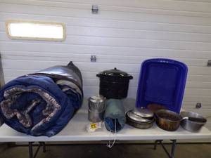 Sleeping Bag, Tent, Coffee Pot, Pots and Pans
