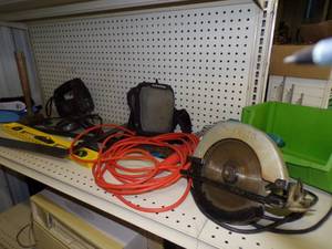 Skil Saw, Level, Extension Cord, Jig Saw, Knee Pads and more