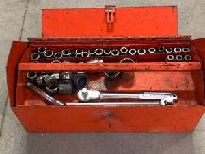 Metal Toolbox with some USA Made Sockets  Wrenches