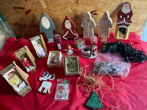 Christmas Ornaments, Wood Santa Staues, Lights, More