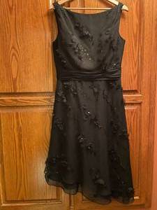 Black Evening Gown, Black Flowers & Beads, Waistband AttachedSilk With Shear Fabric Over The Top, BY Saison Blanche Size 12, Worn Once