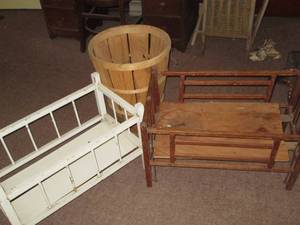 Two antique wooden doll cribs and W...