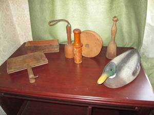 Wood vintage items and a plastic du...