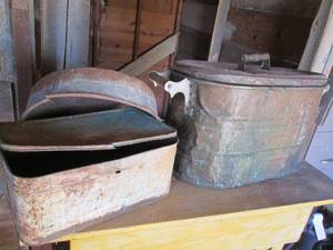 Antique Lidded farming tins and a m...