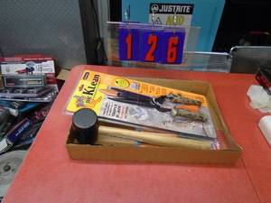 lot 126 image: Flat with poultry shear, rubber hammer & punches. As shown.