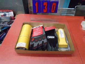 lot 130 image: Flat electrical tape, mechanics gloves & misc. As shown.