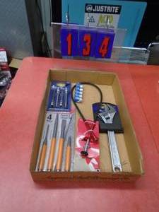 lot 134 image: Flat of cresent wrenches, chisels & long reach fingers. As shown.