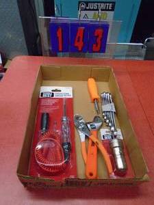 lot 143 image: Flat of electrical tester & tools. As shown.