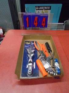 lot 144 image: Flat of cresent wrenches & tools. As shown.