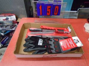 lot 150 image: Flat of files & new XL gloves. As shown.