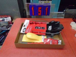lot 151 image: Flat of gloves, led claw & misc. As shown.