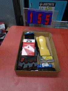lot 155 image: Flat of mechanics gloves & misc tools. As shown.