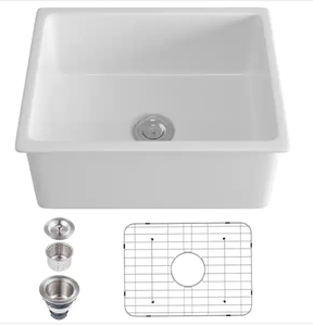 lot 15 image: BOYEL LIVING White Fireclay 24 in. Single Bowl Drop-in Kitchen Sink with Basin Rack and Strainer Basket