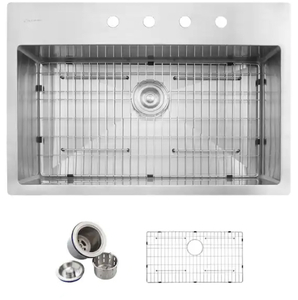 lot 62 image: GLACIER BAY Tight Radius Drop-in 16G Stainless Steel 32 in. 4-Hole Single Bowl Kitchen Sink with Accessories