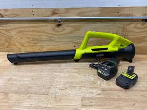 lot 92 image: RYOBI ONE 18V 90 MPH 200 CFM Cordless Battery Leaf BlowerSweeper with 2.0 Ah Battery and Charger
