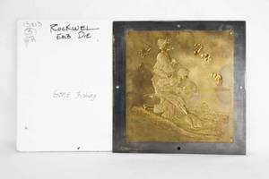 lot 51 image: Vintage Norman Rockwell Gone Fishing  Brass Embossing Plate on Aluminum Plate