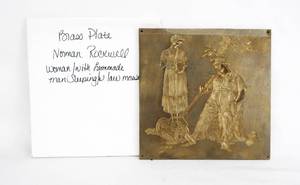 lot 56 image: Vintage Norman Rockwell  Tender Years - Mowing the Lawn Brass Embossing Plate