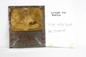lot 54 image: Vintage Teddy Bear and Toy Truck Brass Embossing Plate on Aluminum Plate