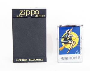 lot 4 image: Vintage 1996 Gil Elvgren Riding High Pin Up Zippo Lighter