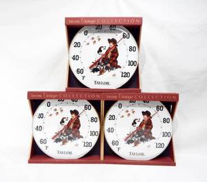 lot 63 image: Lot of 3 Taylor Vintage Collection Norman Rockwell Pride of Parenting  Metal Outdoor Thermometers