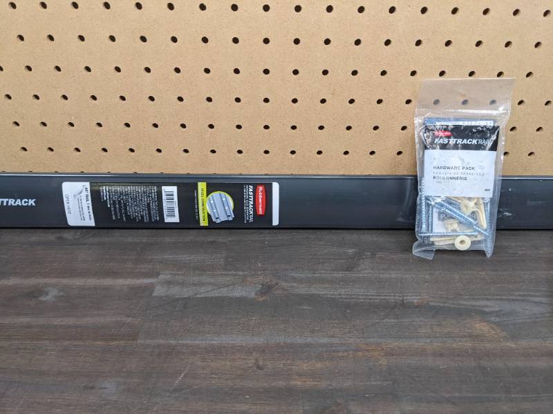 lot 69 image: New Rubbermaid FastTrack Garage 48 in. Hang Rail Track Storage System, FastTrack Garage Rail Hardware Pack, and (5) FastTrack Accessories