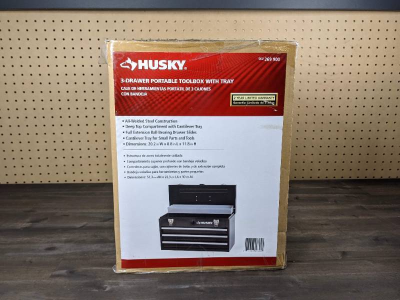lot 74 image: New Husky 3-Drawer Portable Tool Box with Tray