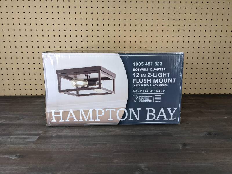 lot 105 image: New Hampton Bay Boswell Quarter 12-12 in. 2-Light Black Farmhouse Open Cage Flush Mount Ceiling Light