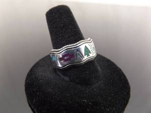lot 73 image: .925 Sterling Silver Multiple Inlayed Navajo Stones Ring Size 10