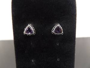lot 83 image: .925 Sterling Silver Triangle Cut Amethyst Post Earrings