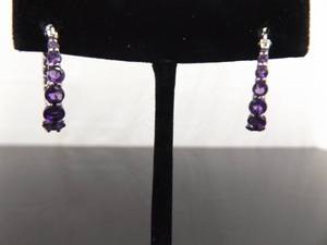 lot 84 image: .925 Sterling Silver Amethyst Hoop Latch Hook Earrings