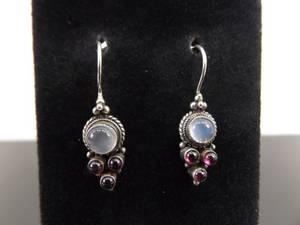 lot 85 image: .925 Sterling Silver Garnet and Moonstone Hook Earrings