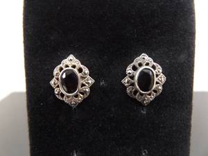 lot 87 image: .925 Sterling Silver Art Nouveau Oval Cut Garnet Post Earrings