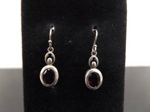 lot 88 image: .925 Sterling Silver Oval Cut Garnet Dangle Hook Earrings