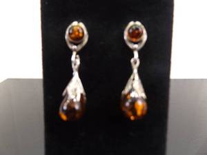 lot 90 image: .925 Sterling Silver Amber Dangle Post Earrings