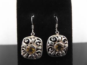 lot 91 image: .925 Sterling Silver Faceted Citrine Scrolled Dangle Hook Earrings