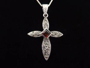 lot 7 image: .925 Sterling Silver Art Nouveau Square Cut Garnet Cross Pendant Necklace