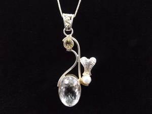 lot 17 image: .925 Sterling Silver Faceted Zirconia, Genuine Pearl, and Faceted Citrine Pendant Necklace