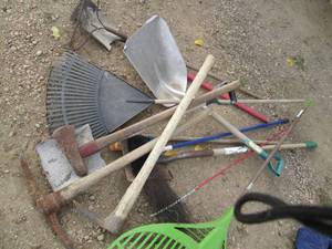 Lot of assorted shovels, rake and o...