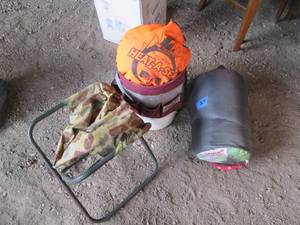 Sleeping bag. camping chair and 5-g...