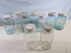 lot 65 image: (CS) 9 Vintage Mason Jars with Lids...