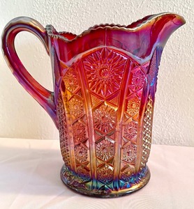 lot 46 image: Gorgeous Indiana Carnival Glass Ruby Red Pitcher - Iridescent Heirloom Sunset Paneled Daisy
