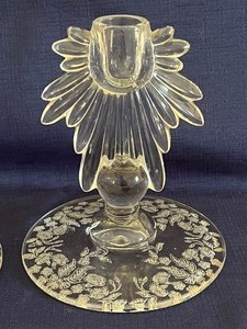 lot 173 image: Pair of Vintage 1940s Martinsville Florentine Etched Glass Candle Holders