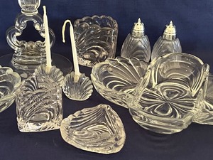 lot 164 image: Two Vintage Cambridge Caprice Three Part Relish Dishes, Salt and Pepper Shakers and More