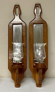 lot 127 image: Wooden Mirrored Wall Sconces with Candle Holders
