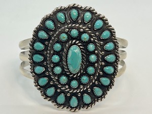 lot 1 image: Bold Cluster Sterling and Turquoise Cuff Bracelet by Carolyn Pollack.
