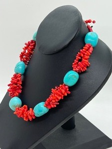 lot 120 image: Chinese Turquoise and Red Coral Beaded Necklace